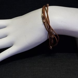 Brown leather & Gold tone CZ bead bracelet